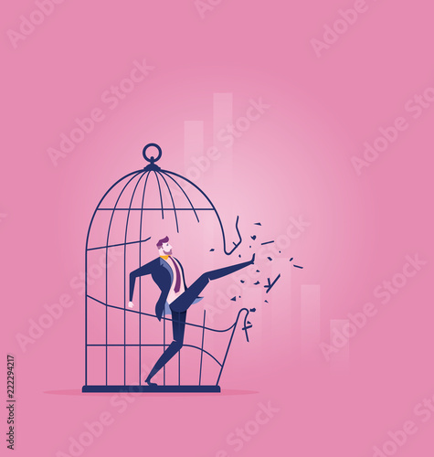 Forbidden and freedom, businessman breaking out the large birdcage - Business concept vector