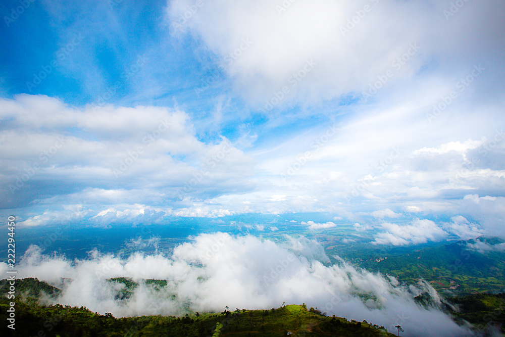 Blue sky and beautiful clouds shape. Image for background and wallpaper.Blue sky with clouds background.Sky daylight. Natural sky composition. Element of design,view from peak mountain.