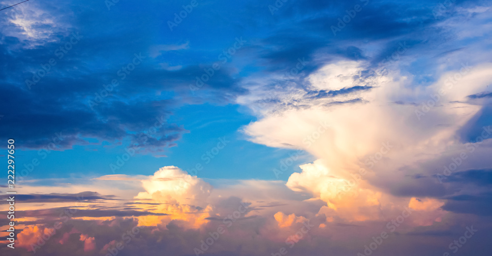 Multicolored clouds in the evening sky. Panorama_