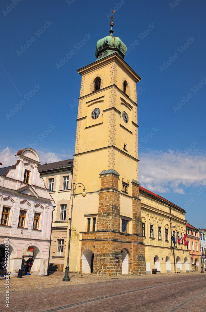 View of ancient Town hall against blue sky in summer day. Smetanovo square is main square in Litomysl, Czech Republic