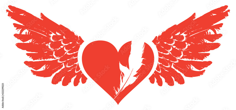 Vector graphic abstract illustration of red heart with wings isolated ...