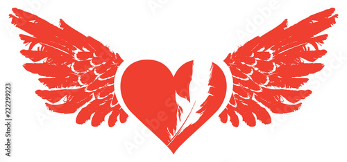 Vector graphic abstract illustration of red heart with wings isolated on white background. Flying heart with white feather. T-shirt design template