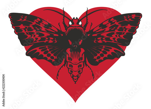 Vector graphic abstract illustration of a butterfly Dead head with a skull-shaped pattern on the thorax. Black moth on red heart isolated on white background. T-shirt design template