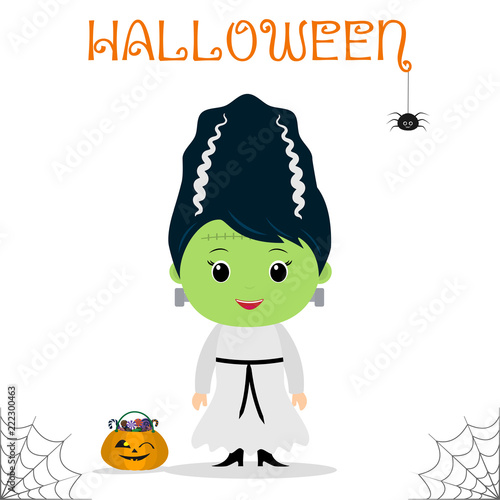Cute child dressed in a Frankenstein bride costume, pumpkin with candies, celebration at a Halloween party, isolated on a white background.