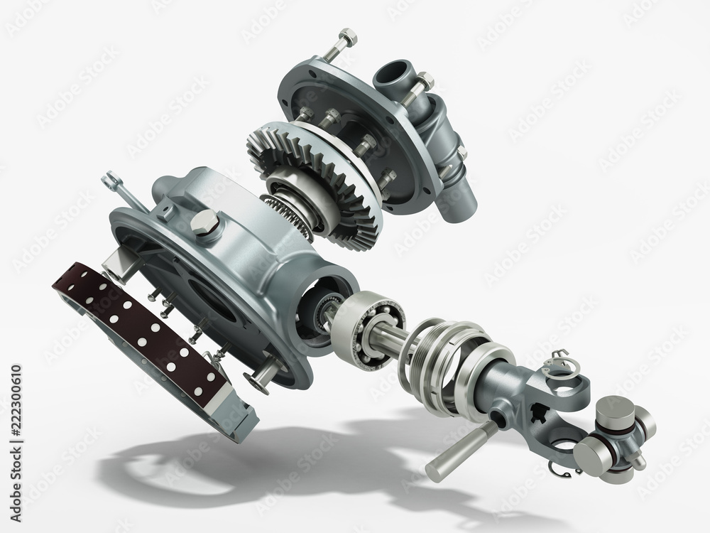 truck wheel drive and braking system 3d render on white truck wheel drive and braking system 3d render on white