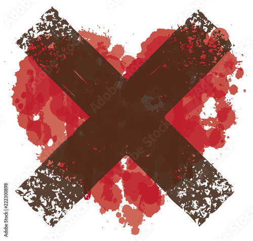 Vector red graphic abstract illustration of crossed-out heart sign with ink blots, brush strokes, drops. Bloody heart and dark cross. T-shirt design template