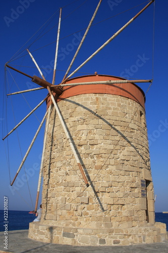 The historic Mandraki Windmills in Rhodes Town, Mediterranean Sea, Rhodes Island, Greece