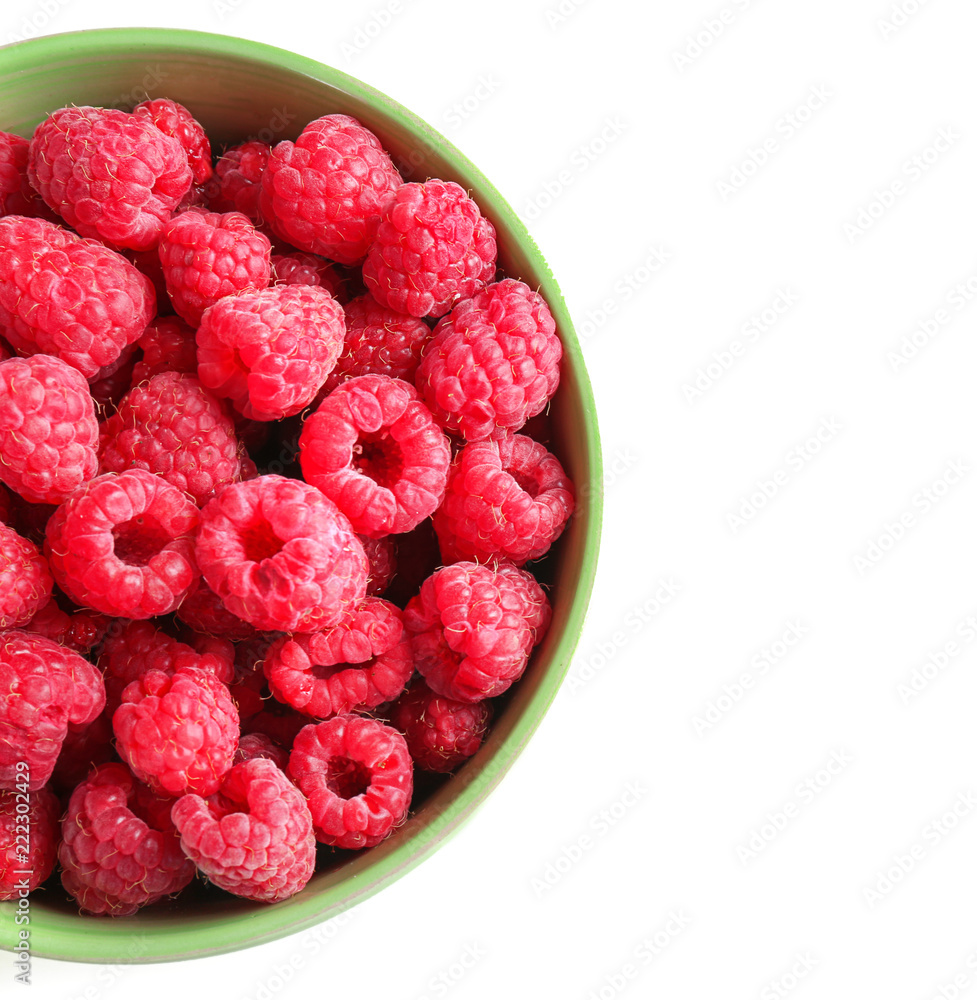 Bowl with ripe raspberries on white background Bowl with ripe raspberries on white background
