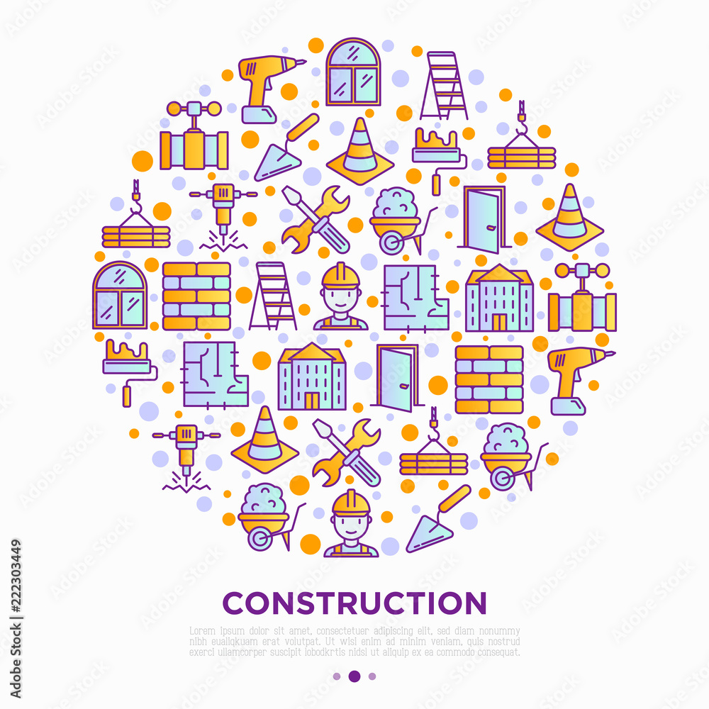 Construction concept in circle with thin line icons: builder in helmet, work tools, brickwork, floor plan, plumbing, drill, trowel, traffic cone, stepladder. Vector illustration, print media template. Construction concept in circle with thin line icons: builder in helmet, work tools, brickwork, floor plan, plumbing, drill, trowel, traffic cone, stepladder. Vector illustration, print media template.