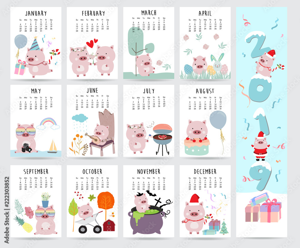 Cute monthly calendar 2019 with pig,cake,barbecue,glasses,heart,balloon,gift for children.Can be used for web,banner,poster,label and printable