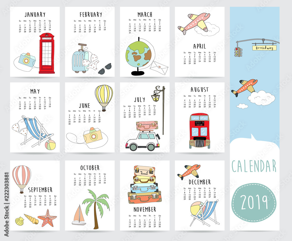 Travel monthly calendar 2019 with bus,world,airplane,balloon,car,suitcase,sea,beach,star fish and coconut tree
