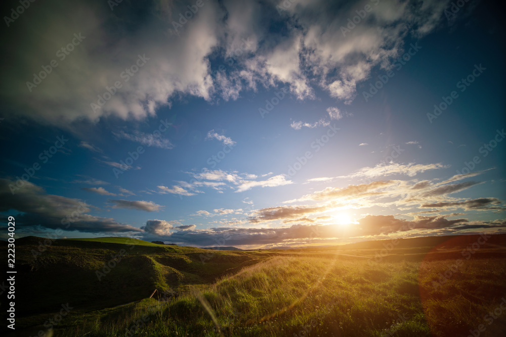 Green grass meadow in iceland with early morning Green grass meadow in iceland with early morning