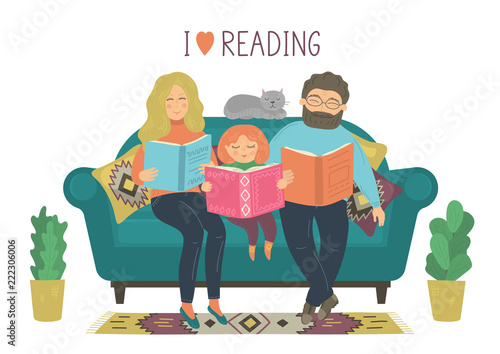 I love reading. Family reads books. Mother, father and daughter read books on sofa on white background. Original vector illustration.