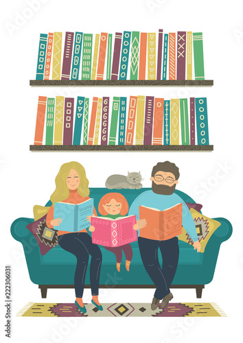 Family reads books. Mother, father and child read books on sofa on white background. Original vector illustration.