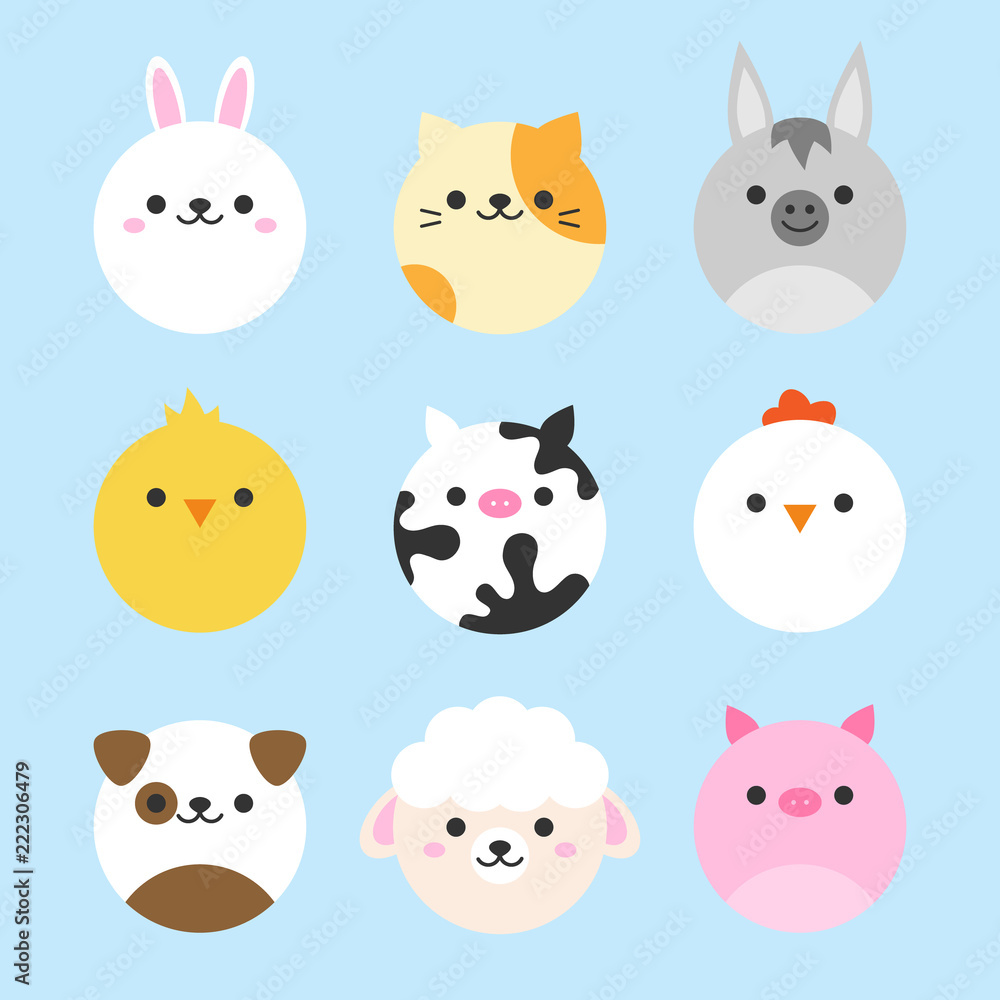 Cute vector icon set of domestic animals. Round animal illustrations;  bunny, cat, donkey, chicken, cow, hen, dog, sheep and pig. Isolated on baby  blue background. Stock Vector | Adobe Stock