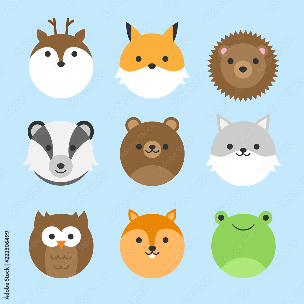 Cute vector icon set of forest animals. Round animal illustrations; deer,  fox, hedgehog, badger, bear, wolf, owl, squirrel and frog. Isolated on baby  blue background. Stock Vector | Adobe Stock
