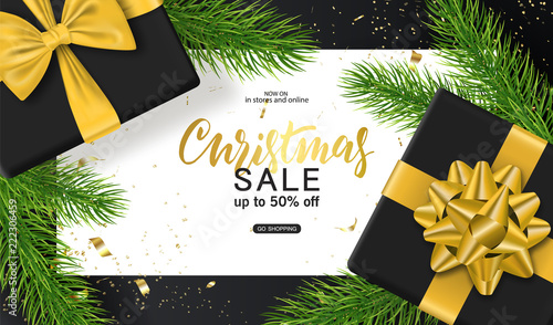 Merry Christmas and Happy New Year background for holiday greeting card, invitation, party flyer, poster, banner. Christmas tree balls, fir branches, gift box and confetti. Vector illustration.