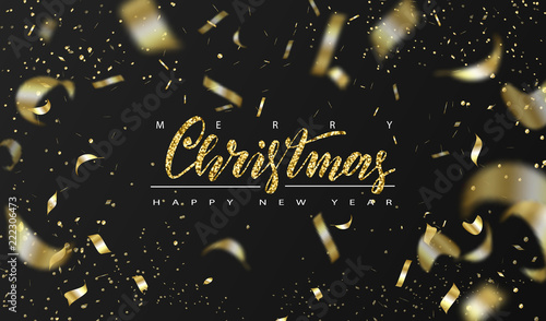 Merry Christmas and Happy New Year.Trendy background with golden confetti for holiday greeting card, invitation, party flyer, poster, banner.Vector illustration.