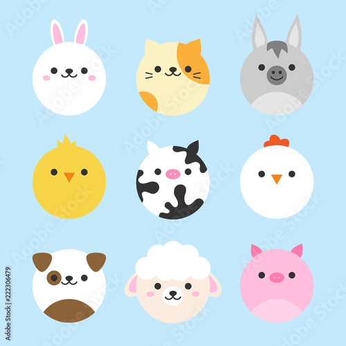 Cute vector icon set of domestic animals. Round animal illustrations; bunny, cat, donkey, chicken, cow, hen, dog, sheep and pig. Isolated on baby blue background.