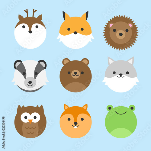 Cute vector icon set of forest animals. Round animal illustrations; deer, fox, hedgehog, badger, bear, wolf, owl, squirrel and frog. Isolated on baby blue background.