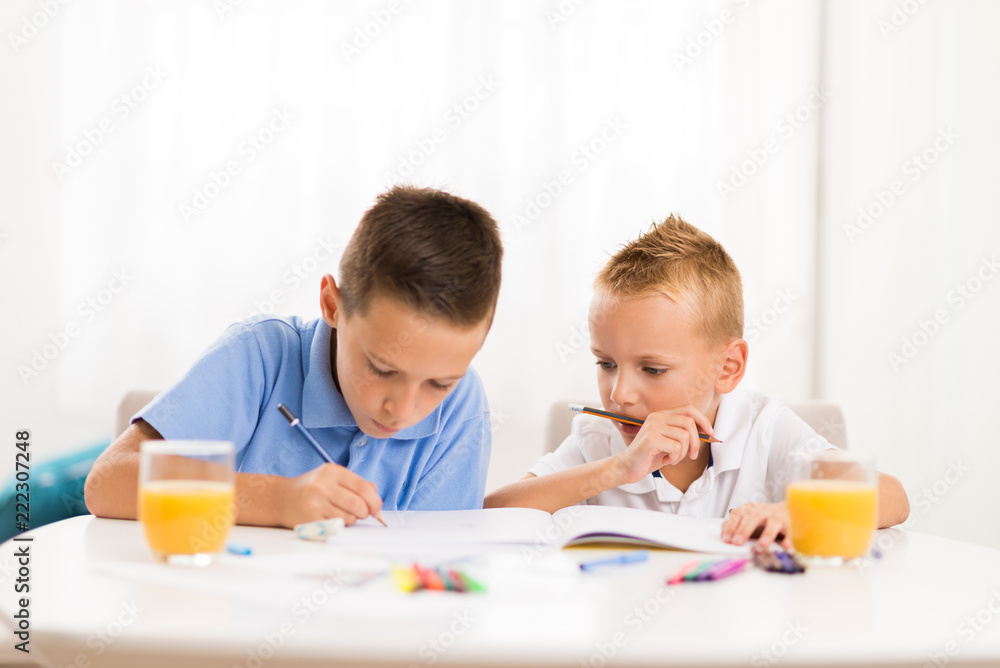 Young boys writing in notebooks at home Young boys writing in notebooks at home
