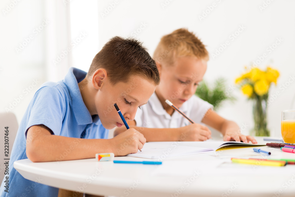 Young boys writing in notebooks at home Young boys writing in notebooks at home