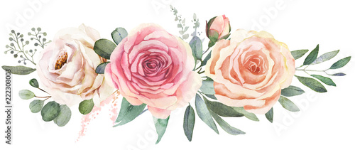 Fotografia, Obraz Watercolor floral bouquet composition with roses and eucalyptus