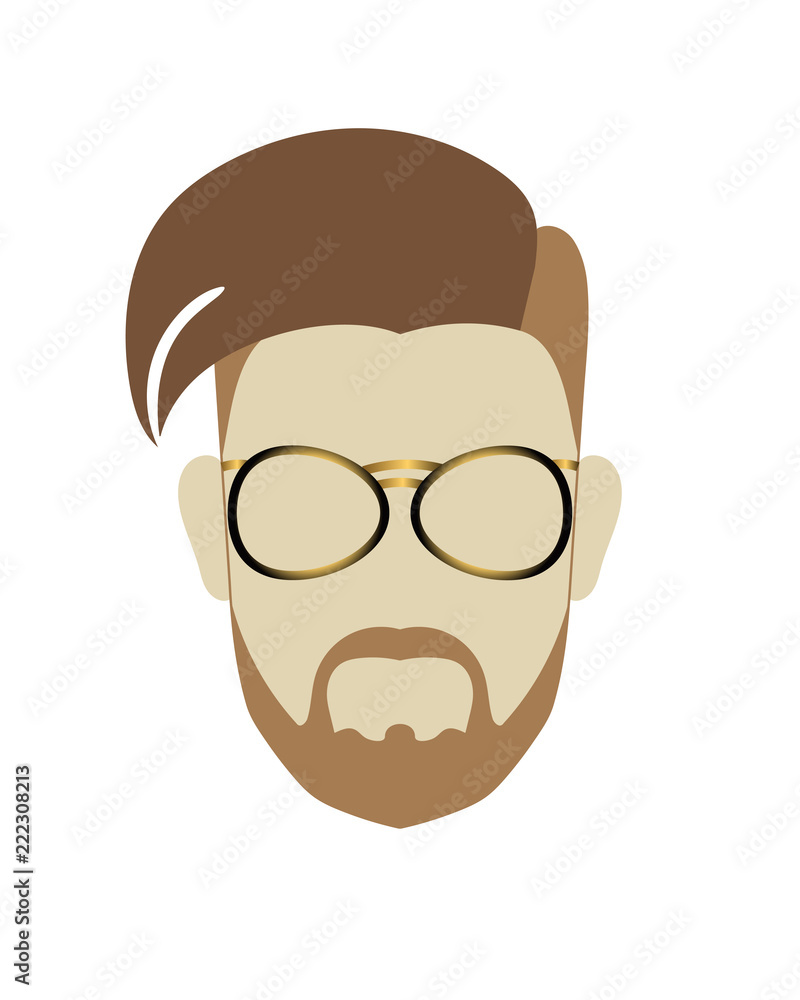 Male head hipster modern hairstyle 2018 with beard and moustache gold-colored glasses flat style. Icon or template for glasses advertisement.Transparent background.
