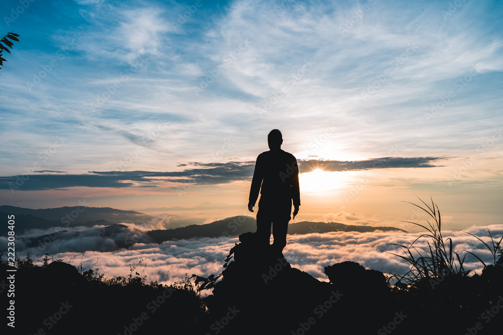 human On the Moutain Sunrise And fog On the Moutain winter season 