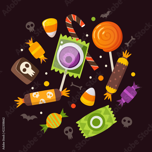 Bunch of Halloween sweets and candies.