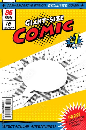 Comic book with balloon and explosion. Vector illustration.