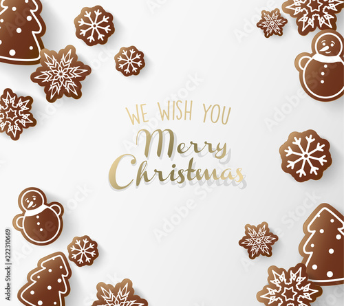 Christmas vector illustration greeting card background with gingerbread sweets and golden Merry Christmas wishes.