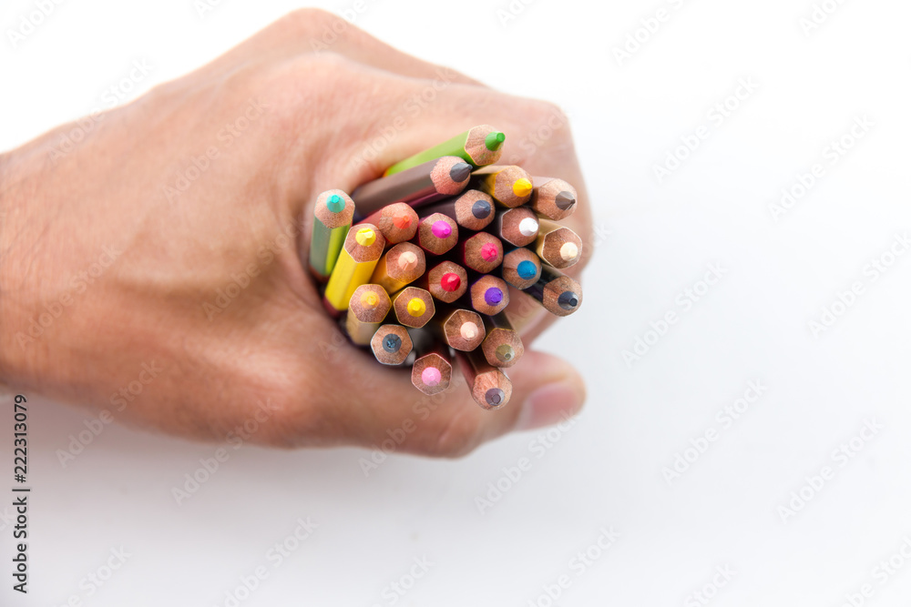 man hand hold color pencil isolated with white background man hand hold color pencil isolated with white background