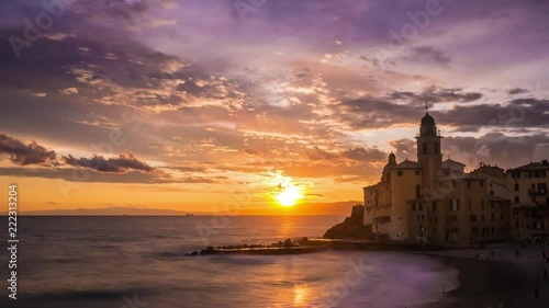 Time lapse sunset in camogli town in liguria north of italy stunning sunset photo