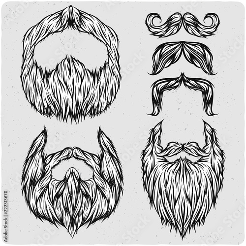 Beards and mustache set. Black and white illustration. Isolated on light backgrond with grunge noise and frame.