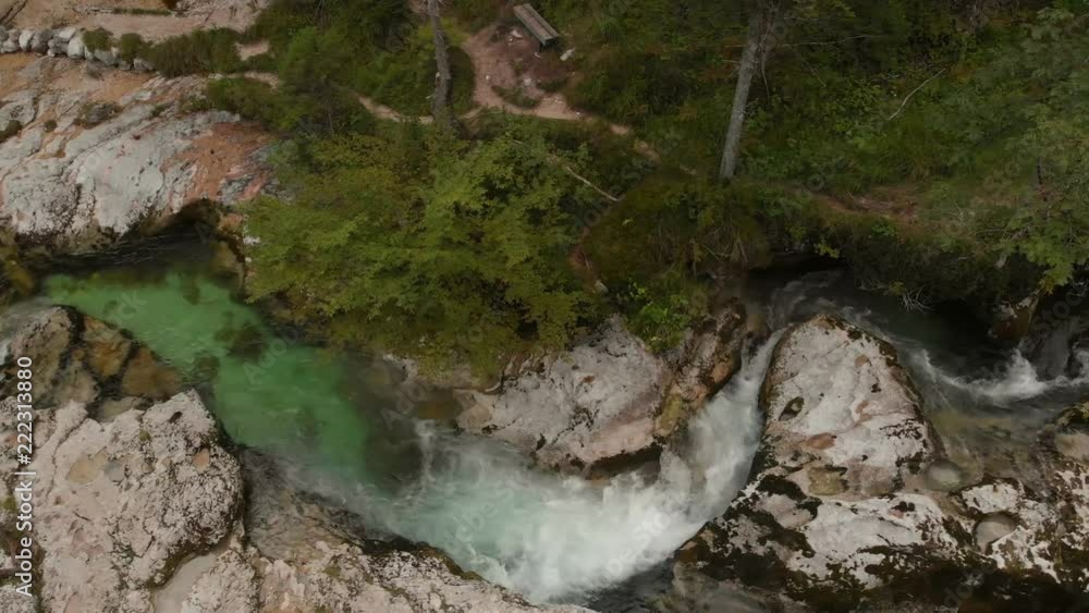 Aerial view of beautiful Mostnica river in national park Triglav - Slovenia. The river is located nearby small town Stara Fuzina Aerial view of beautiful Mostnica river in national park Triglav - Slovenia. The river is located nearby small town Stara Fuzina