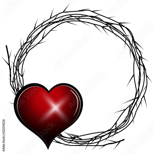 Abstract red hears over a black thorn. Vector background.