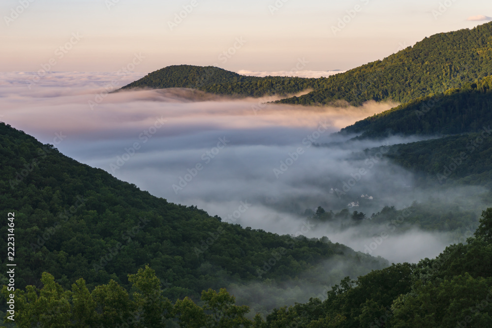 Foggy morning sunrise in the Blue Ridge Mountains