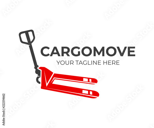 Hand pallet truck for cargo move, logo design. Delivery service, hand forklift or manual forklift, vector design and illustration
