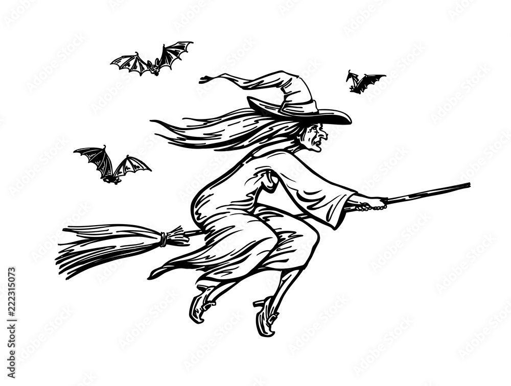Witch flying on broomstick. Halloween sketch, vector illustration