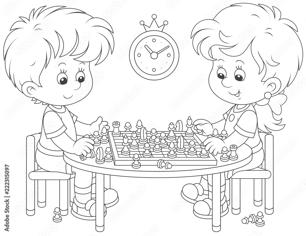 Small children playing chess, black and white vector illustration in a