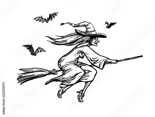 Witch flying on broomstick. Halloween sketch, vector illustration