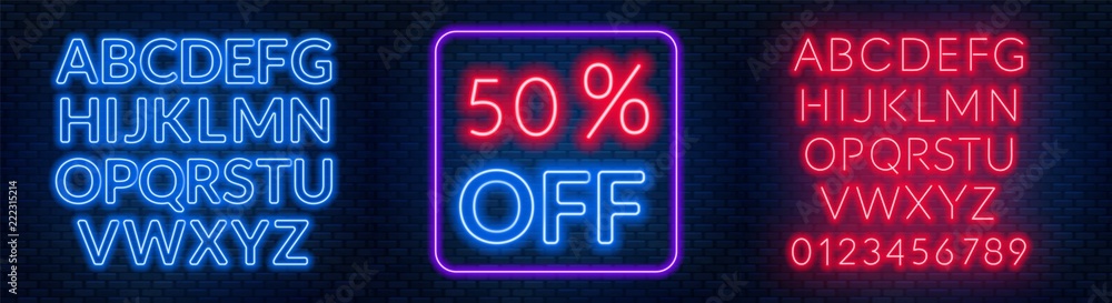 The template for the discount. Neon blue and red alphabets with numbers. The template for the discount. Neon blue and red alphabets with numbers.
