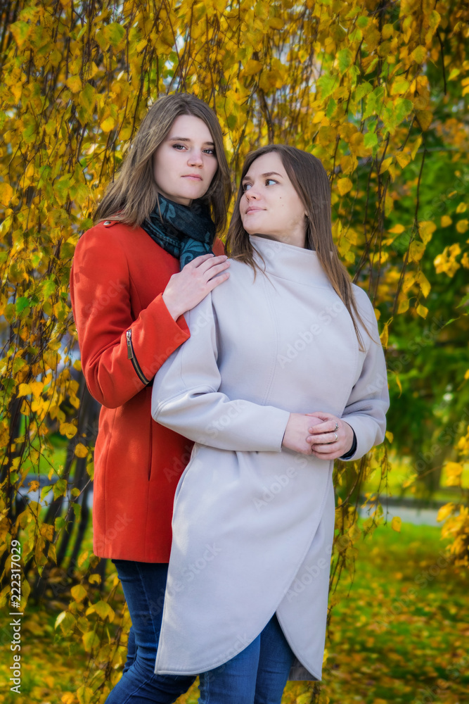 Portrait two beautiful happy girlfriends on a sunny autumn day Portrait two beautiful happy girlfriends on a sunny autumn day
