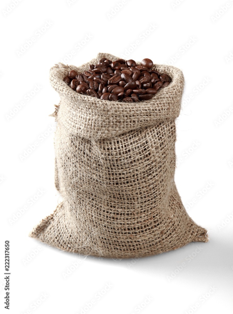 Canvas Sack of Coffee Beans - Isolated on White Canvas Sack of Coffee Beans - Isolated on White