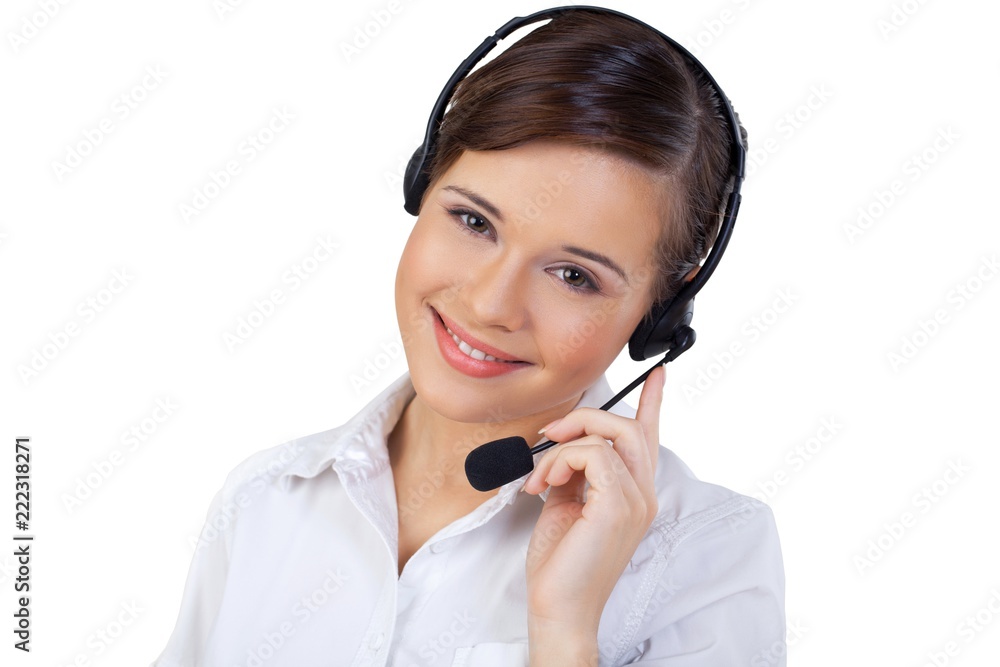 Young Woman in Headset as Support Phone Operator Young Woman in Headset as Support Phone Operator