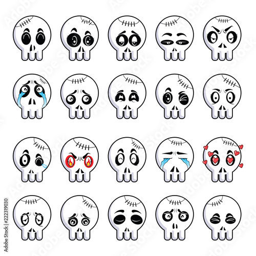 Set of different cartoon cute skulls.