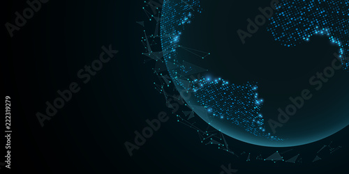 Futuristic planet Earth with flying triangles. World map. Blue lights. Sci-fi and hi-tech. Plexus particles. Map of glowing dots. World Network. Vector illustration