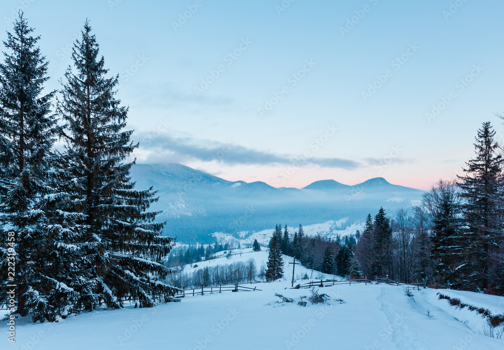 Sunrise winter Carpathian mountain village Zelene outskirts, Verkhovyna, Ukraine