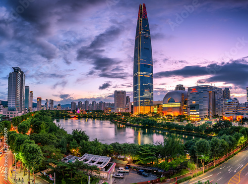 skyline city at seokchon lake in Seoul Korea photo